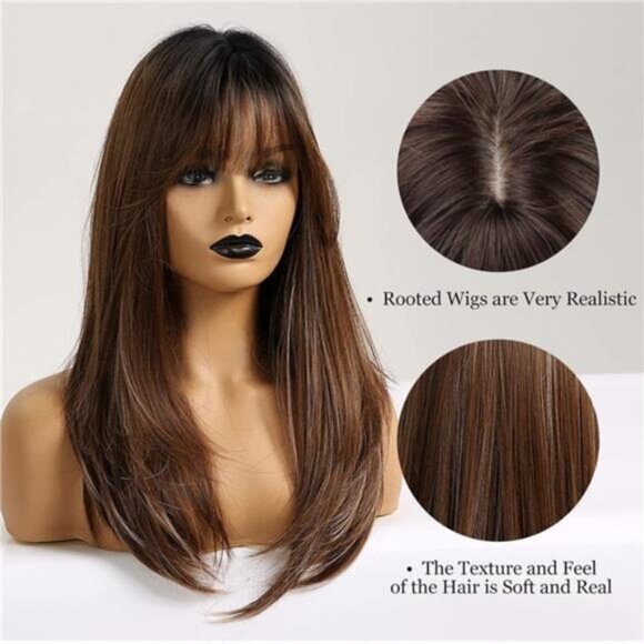 Women Wigs Synthetic Straight Layered Brown 2 - Picture 2 of 5